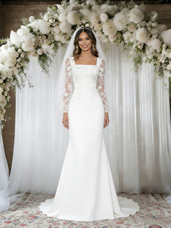 White Mermaid Long Sleeve Lace Wedding Dress