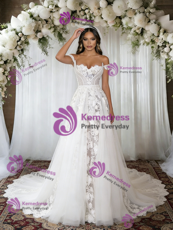 White Tulle Lace Off the Shoulder Wedding Dress