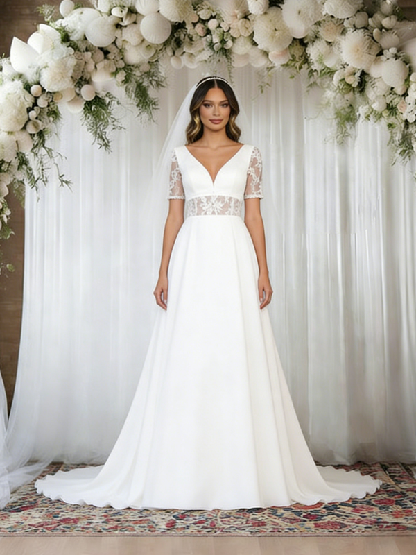 White V-neck Short Sleeve Lace Wedding Dress