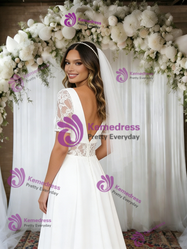 White V-neck Short Sleeve Lace Wedding Dress