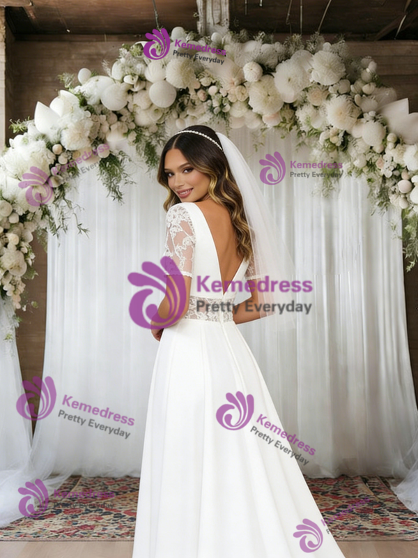 White V-neck Short Sleeve Lace Wedding Dress