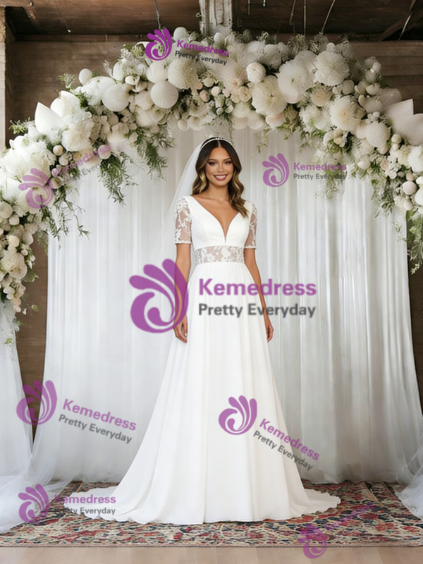White V-neck Short Sleeve Lace Wedding Dress