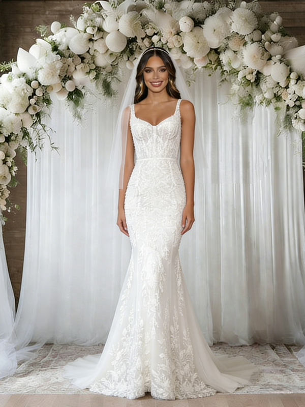 White Mermaid Tulle Lace Straps Wedding Dress