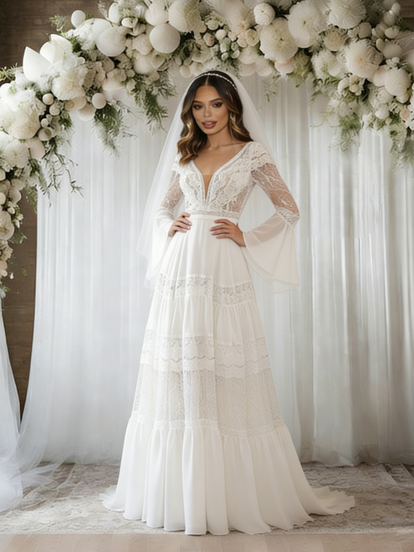 White V-neck Long Sleeve Lace Wedding Dress