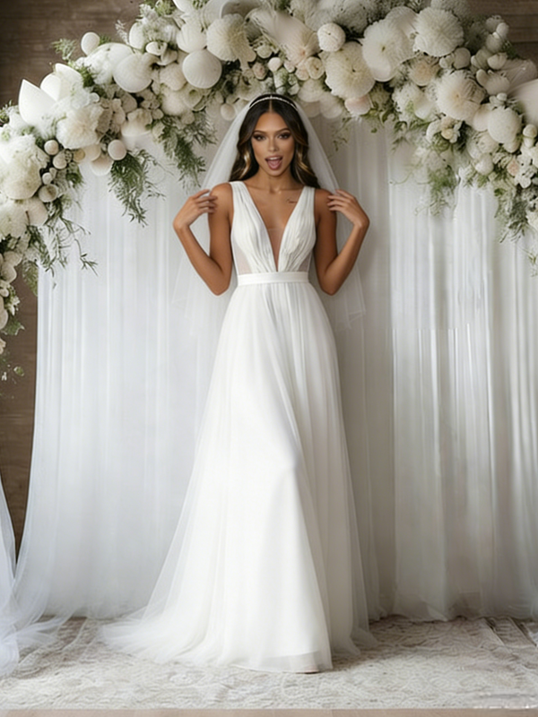 White Tulle B-neck Pleats Wedding Dress
