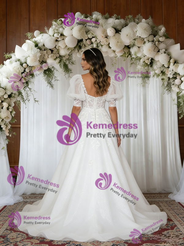 White Tulle Puff Sleeve Appliques Wedding Dress