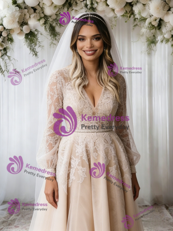 Champagne Tulle Lace V-neck Long Sleeve Wedding Dress