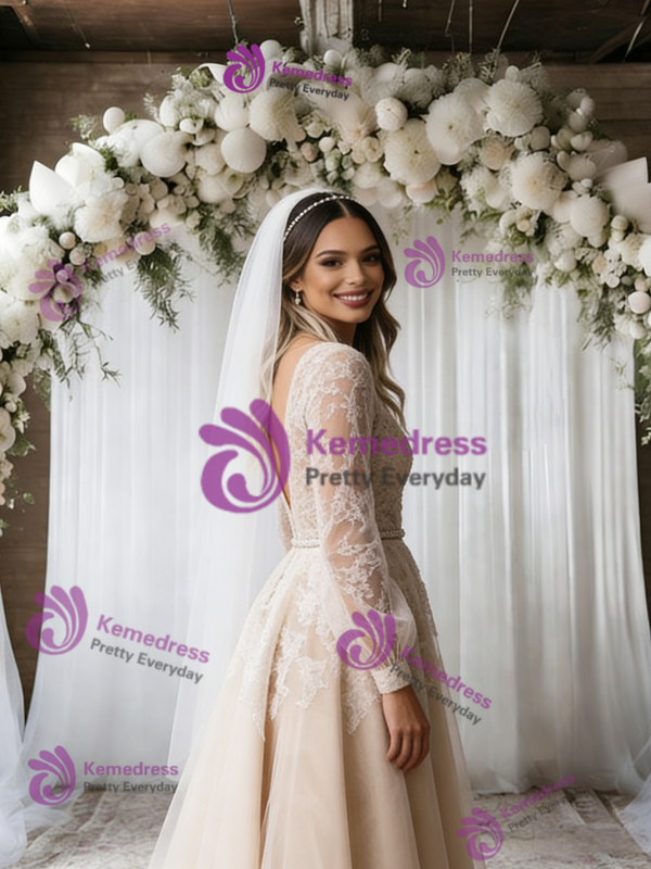 Champagne Tulle Lace V-neck Long Sleeve Wedding Dress