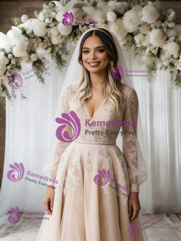 Champagne Tulle Lace V-neck Long Sleeve Wedding Dress