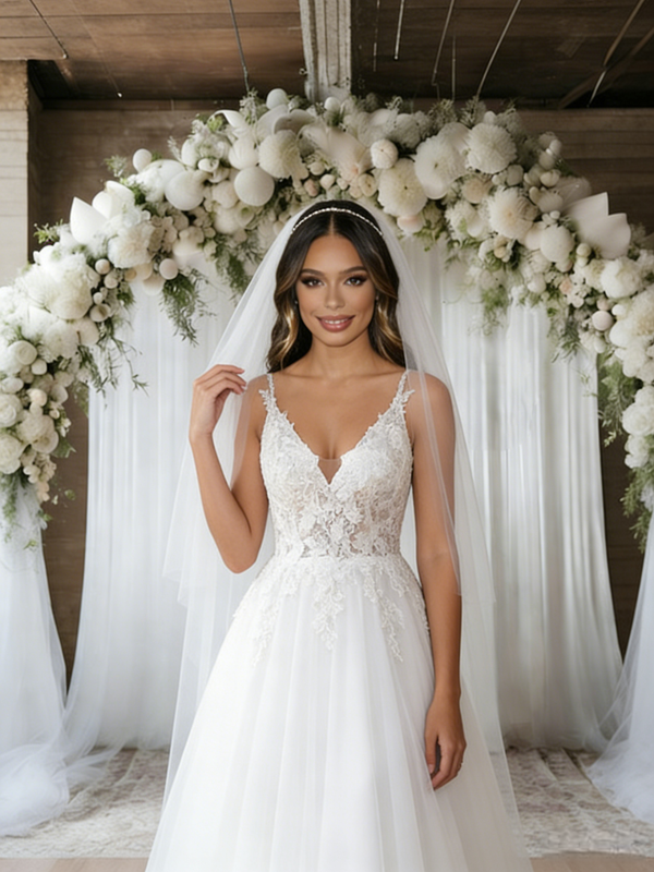 White Tulle Appliques Wedding Dress