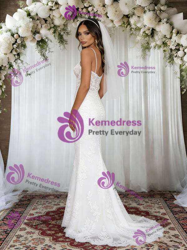 White Mermaid Tulle Lace Spaghetti Straps Wedding Dress