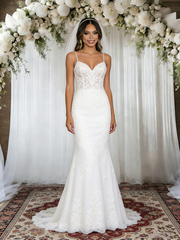 White Mermaid Tulle Lace Spaghetti Straps Wedding Dress