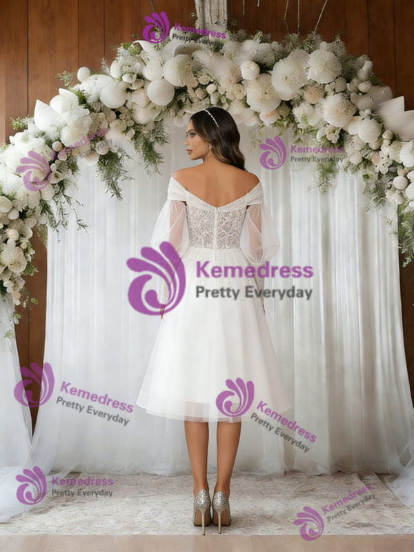 White Tulle Long Sleeve Short Wedding Dress