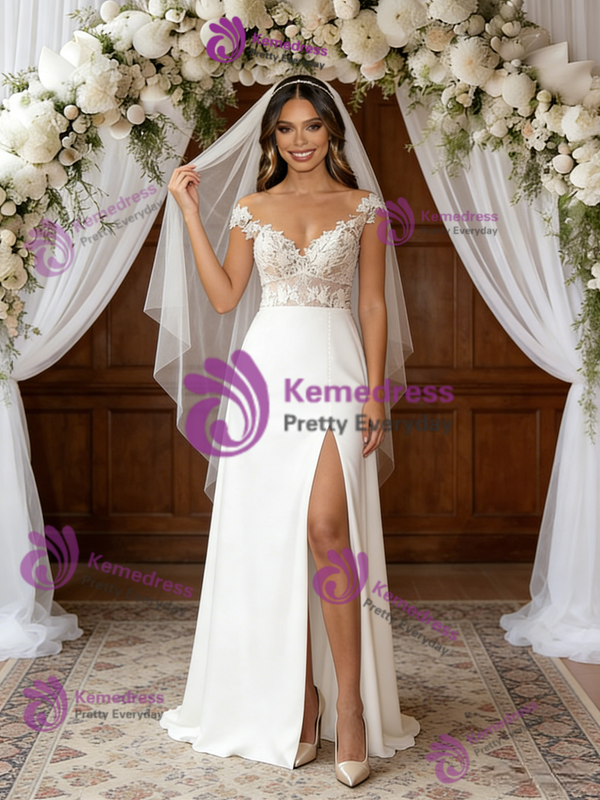 White Satin Off the Shoulder Lace Split Wedding Dress