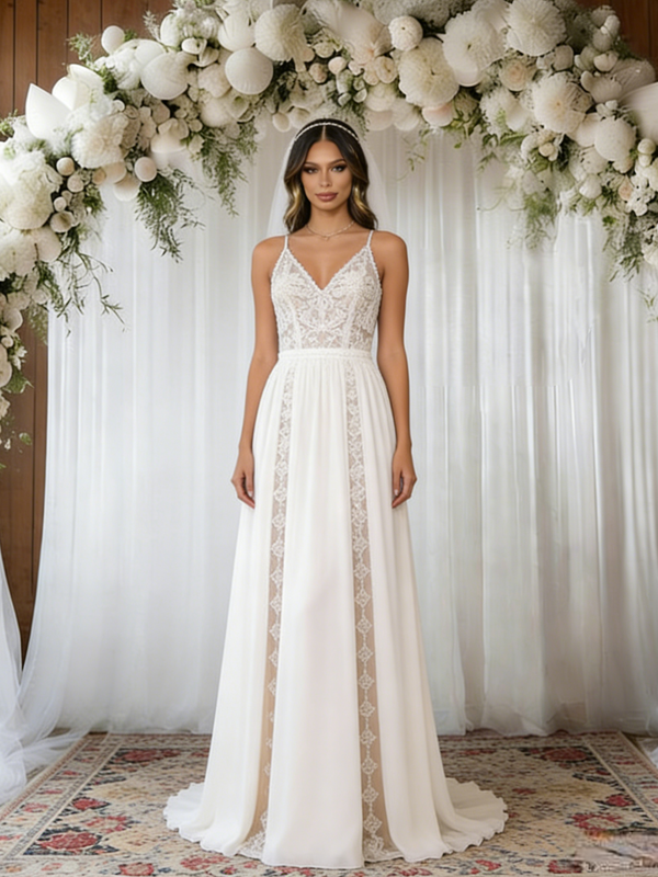 White Chiffon Lace Straps Wedding Dress