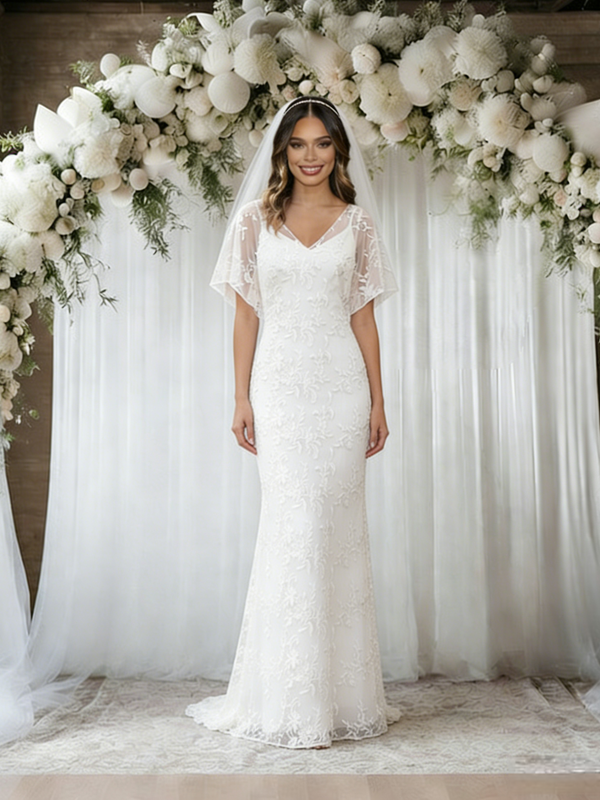White Mermaid Lace V-neck Wedding Dress