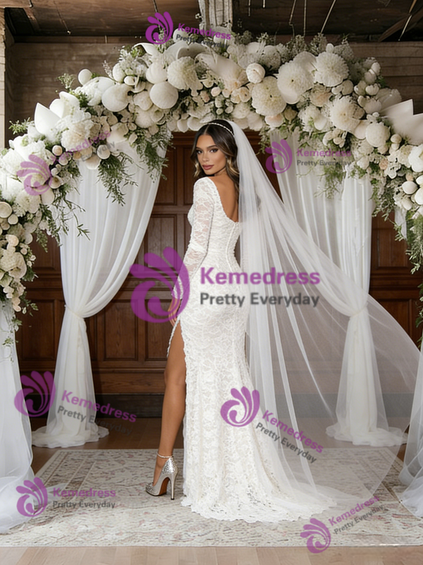 White Mermaid Lace Long Sleeve Wedding Dress