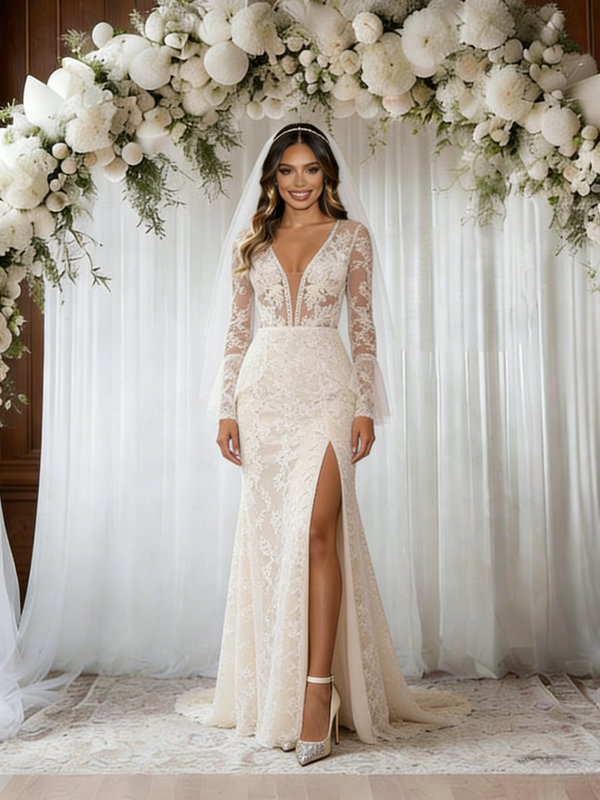 Ivory Lace Long Sleeve V-neck Wedding Dress