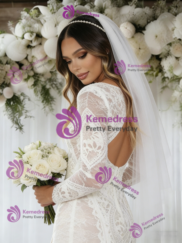 White Lace Long Sleeve Split Wedding Dress