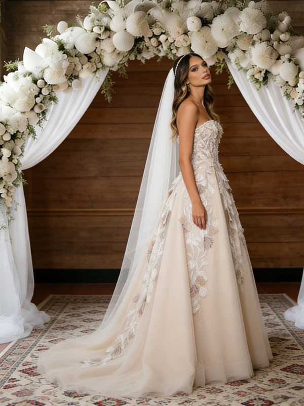 Champagne Tulle Strapless Appliques Wedding Dress