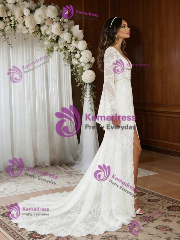 White Lace Long Sleeve V-neck Wedding Dress