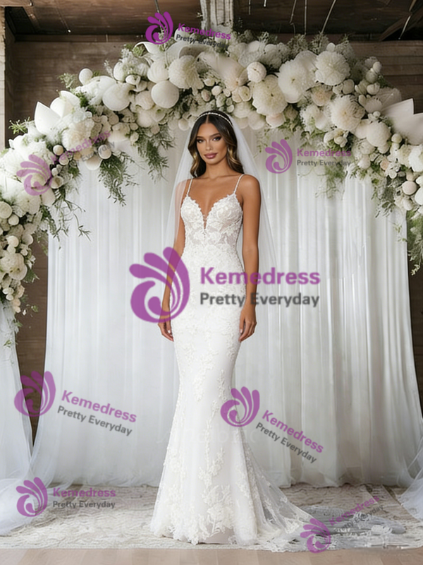 White Mermaid Lace Straps Wedding Dress