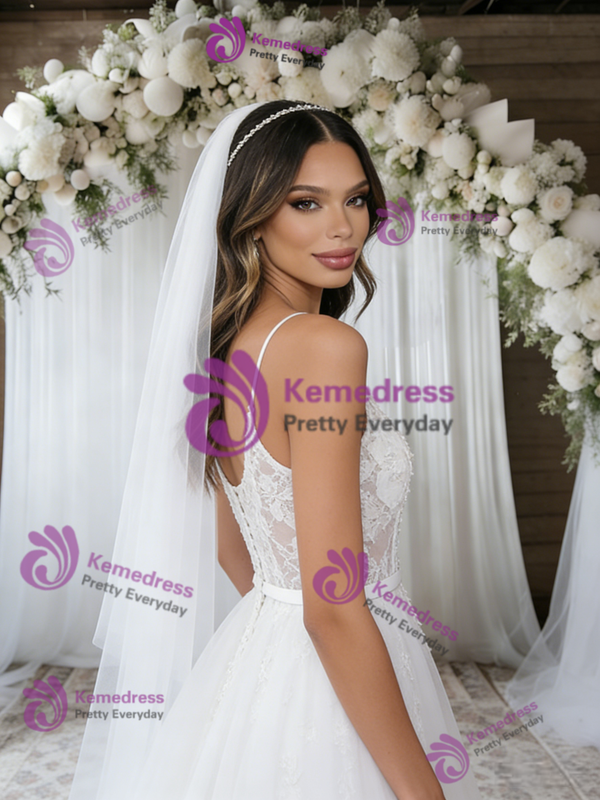 White Tulle Lace Spaghetti Straps Wedding Dress