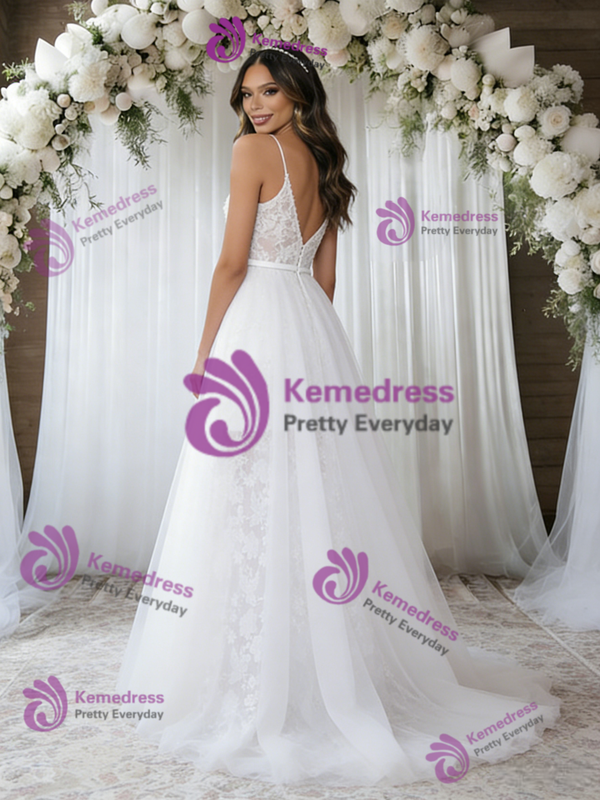 White Tulle Lace Spaghetti Straps Wedding Dress