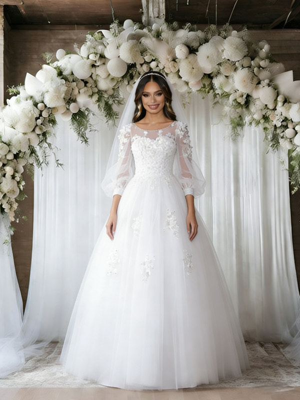White Tulle Puff Sleeve Appliques Wedding Dress