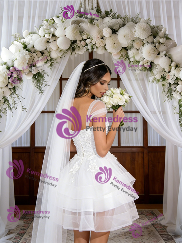 White Tulle Straps Appliques Short Wedding Dress