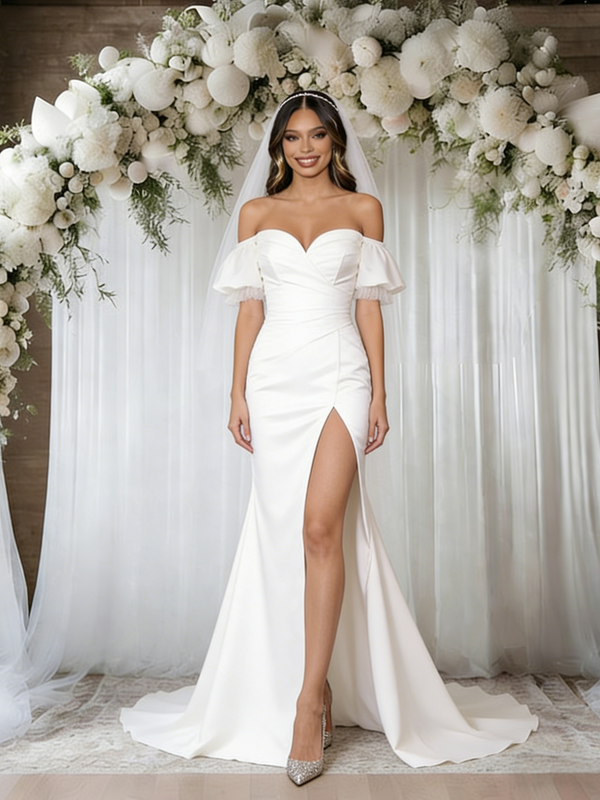 White Mermaid Off the Shoulder Puff Sleeve Wedding Dress