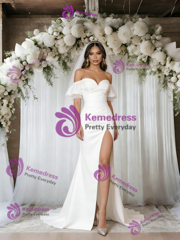 White Mermaid Off the Shoulder Puff Sleeve Wedding Dress