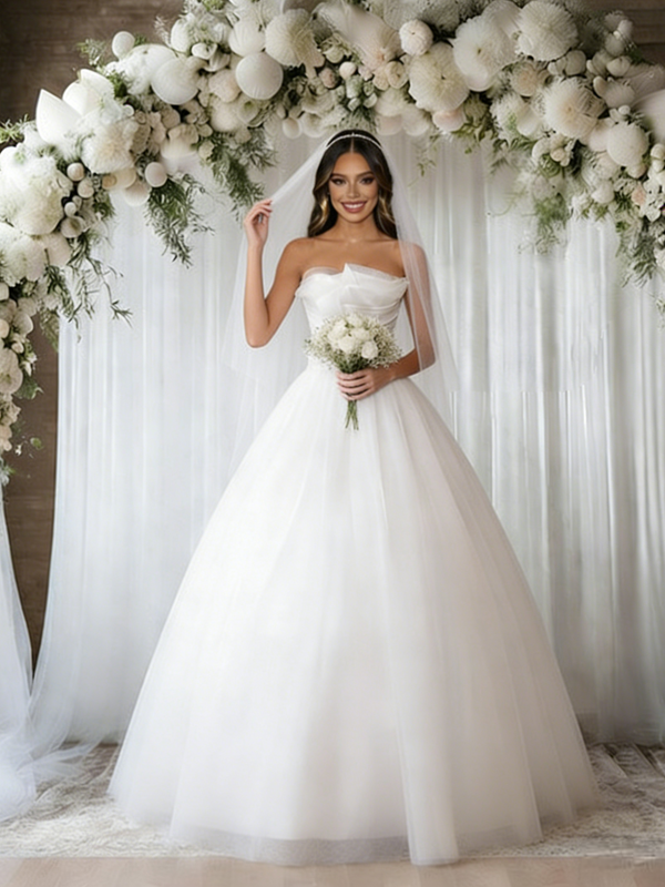 White Tulle Strapless Pleats Wedding Dress