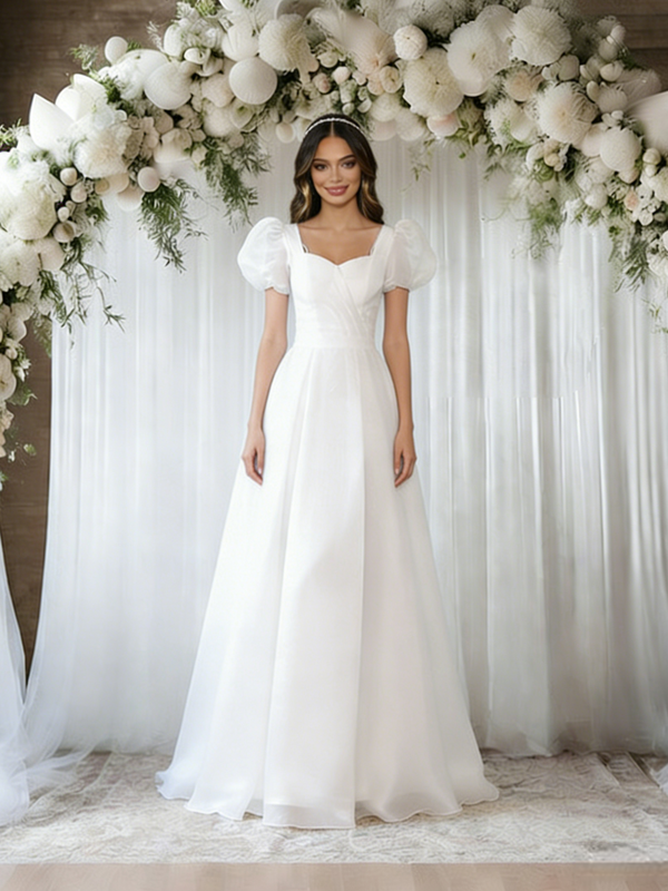 White Puff Sleeve Square Neck Wedding Dress