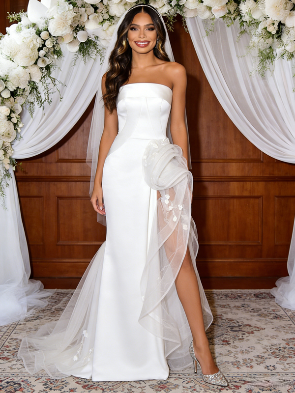 White Strapless Split Appliques Wedding Dress
