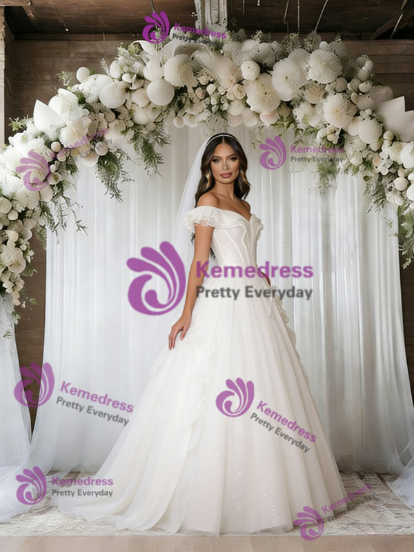White Tulle Off the Shoulder Wedding Dress