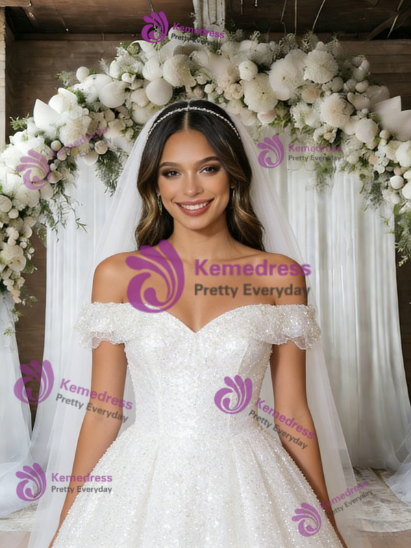 White Sequins Off the Shoulder Wedding Dress