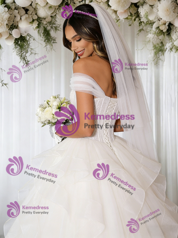 White Tulle Off the Shoulder Wedding Dress