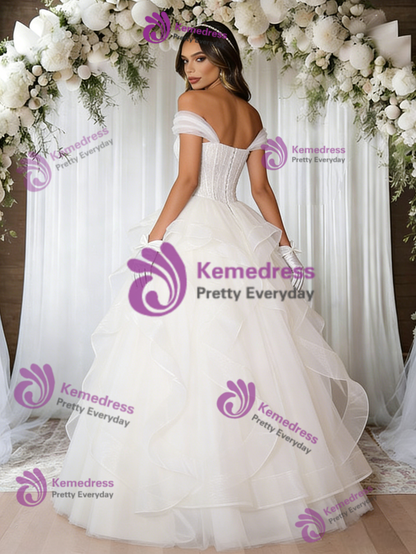 White Tulle Off the Shoulder Wedding Dress