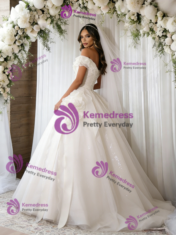White Tulle Sequins Off the Shoulder Wedding Dress
