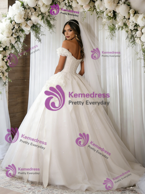 White Tulle Sequins Off the Shoulder Wedding Dress