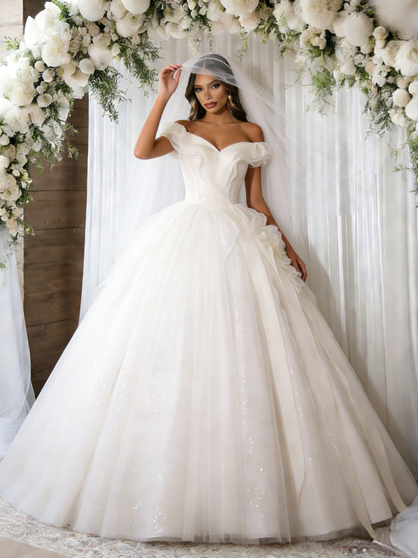 White Tulle Sequins Off the Shoulder Wedding Dress