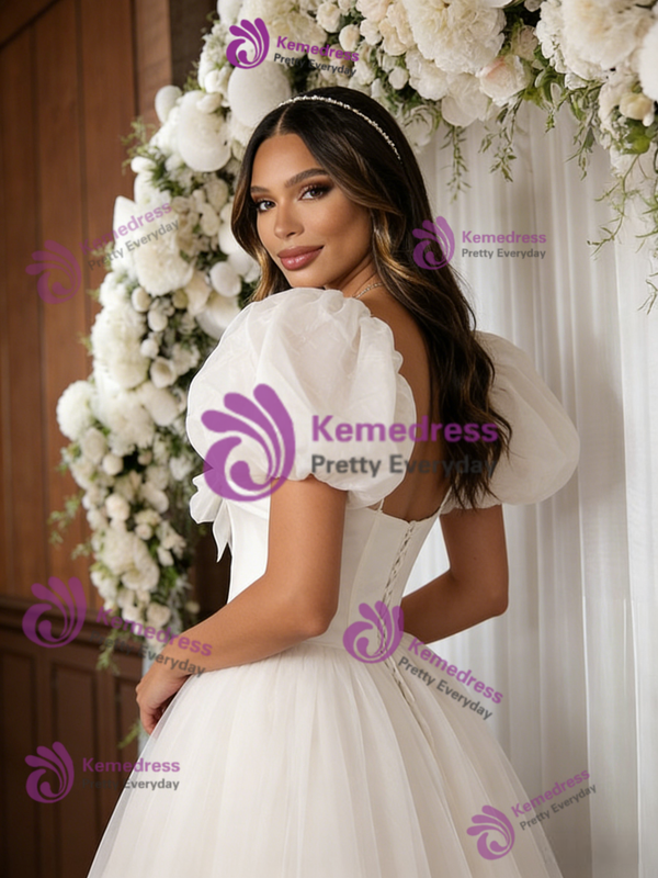 White Puff Sleeve Square Neck Wedding Dress