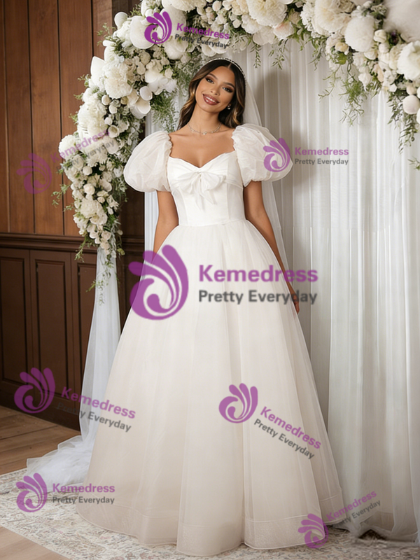 White Puff Sleeve Square Neck Wedding Dress