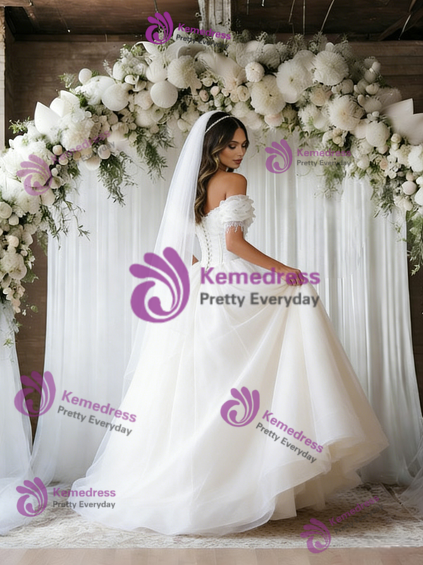 White Tulle Off the Shoulder Beading Wedding Dress