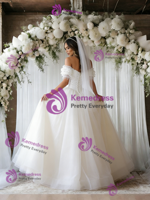 White Tulle Off the Shoulder Beading Wedding Dress