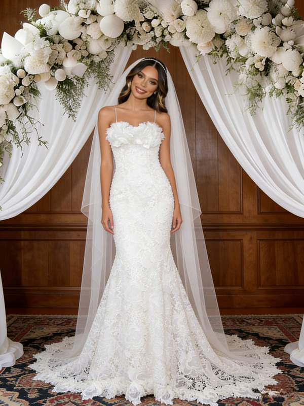 White Mermaid Spaghetti Straps Wedding Dress