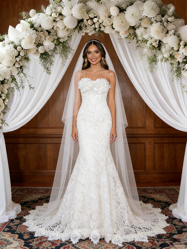 White Mermaid Spaghetti Straps Wedding Dress