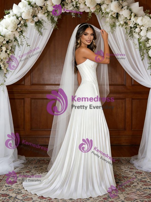 White Satin Strapless Pleats Wedding Dress