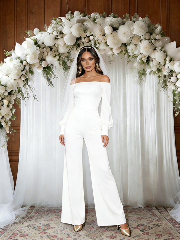 White Off the Shoulder Long Sleeve Jumpersuit